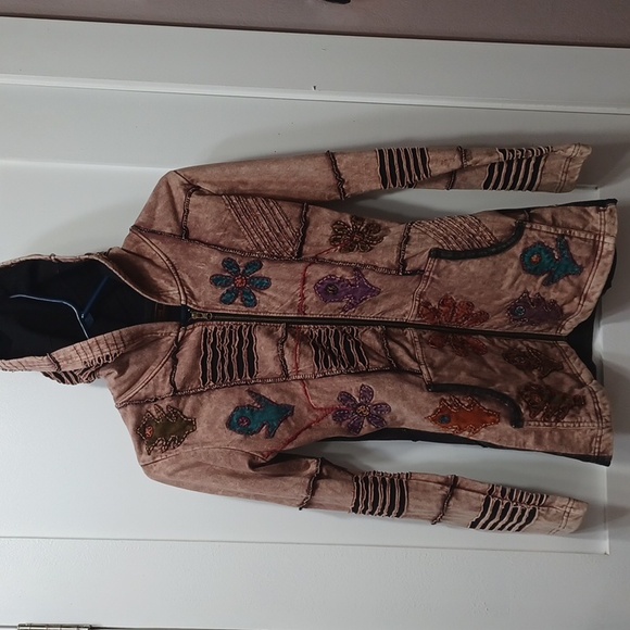 Rising International Boho Hoodie Jacket Coat Brown w Teal Purple Orange Cutouts - Picture 2 of 12